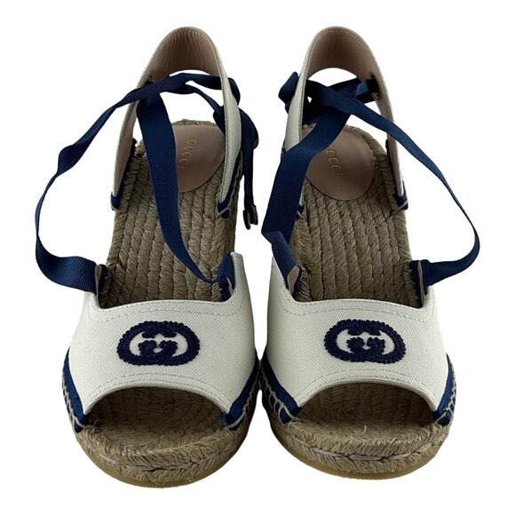 Gucci Women's Espadrille With Ribbon Tie Interlocking G White & Blue Sz 38 - Picture 1 of 11